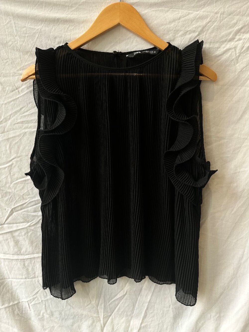 Zara Black Pleated Ruffle Sleeve Sheer Blouse XS